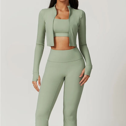 Women 3 Piece Workout Set Sports Bra Leggings Long Sleeve Activewear