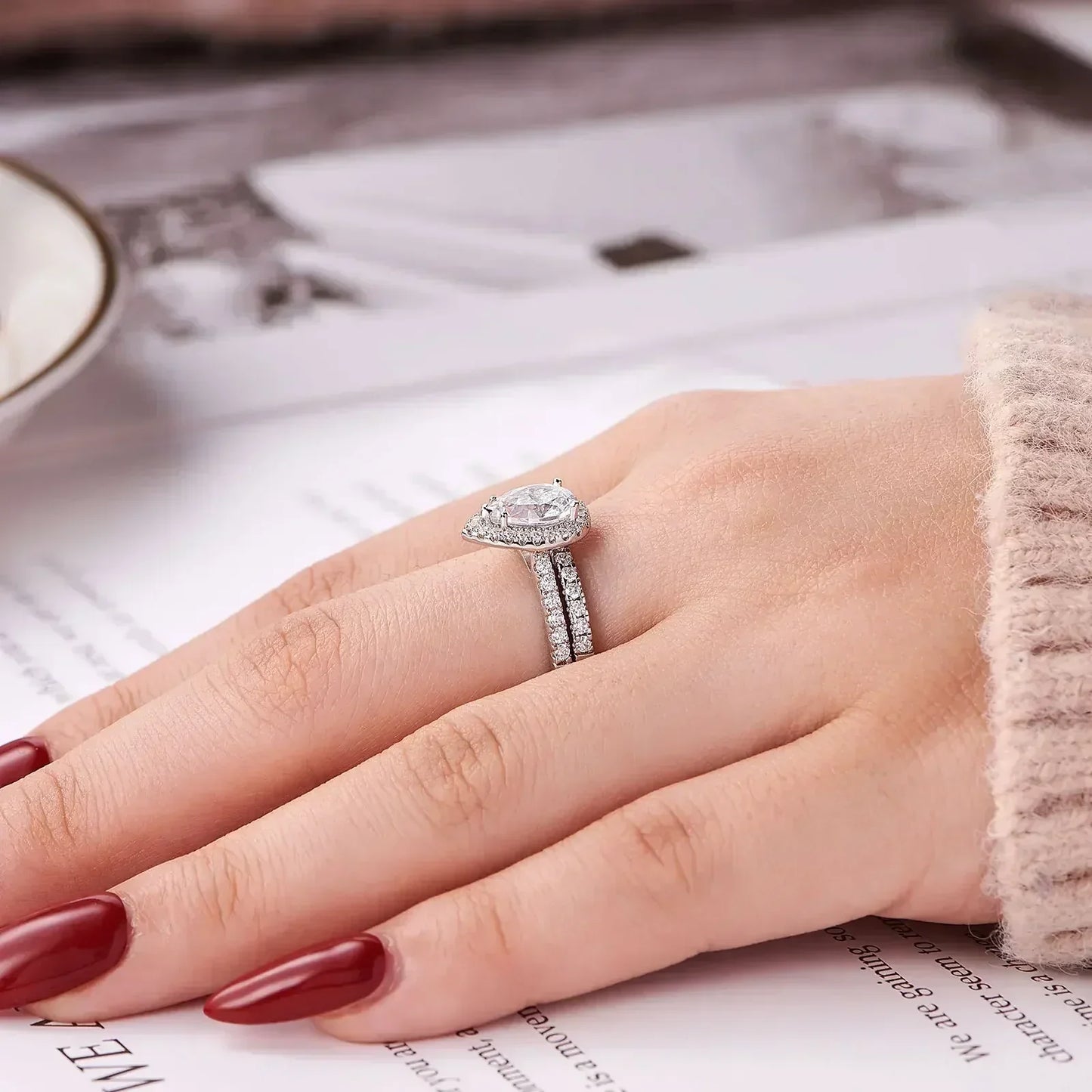 Teardrop Engagement Ring Set 925 Silver Wedding Bridal Jewelry
