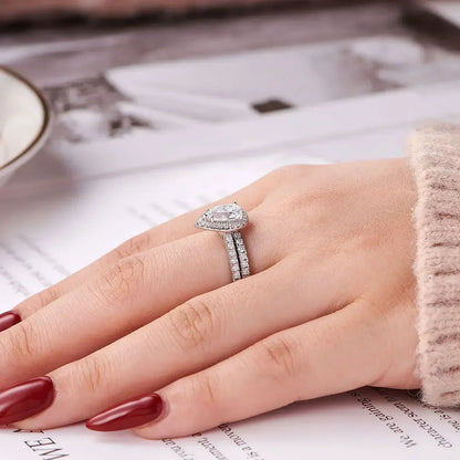 Teardrop Engagement Ring Set 925 Silver Wedding Bridal Jewelry
