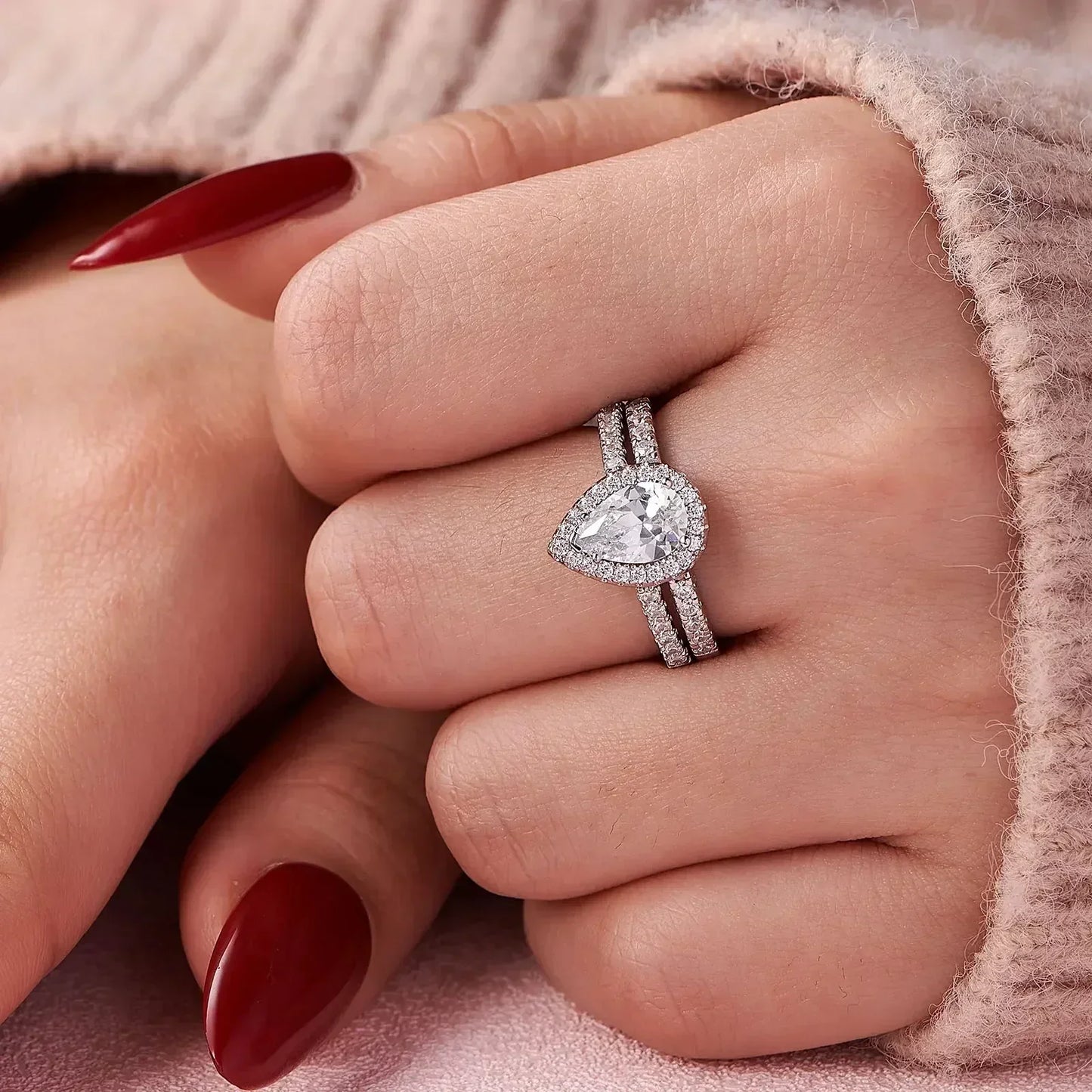 Teardrop Engagement Ring Set 925 Silver Wedding Bridal Jewelry