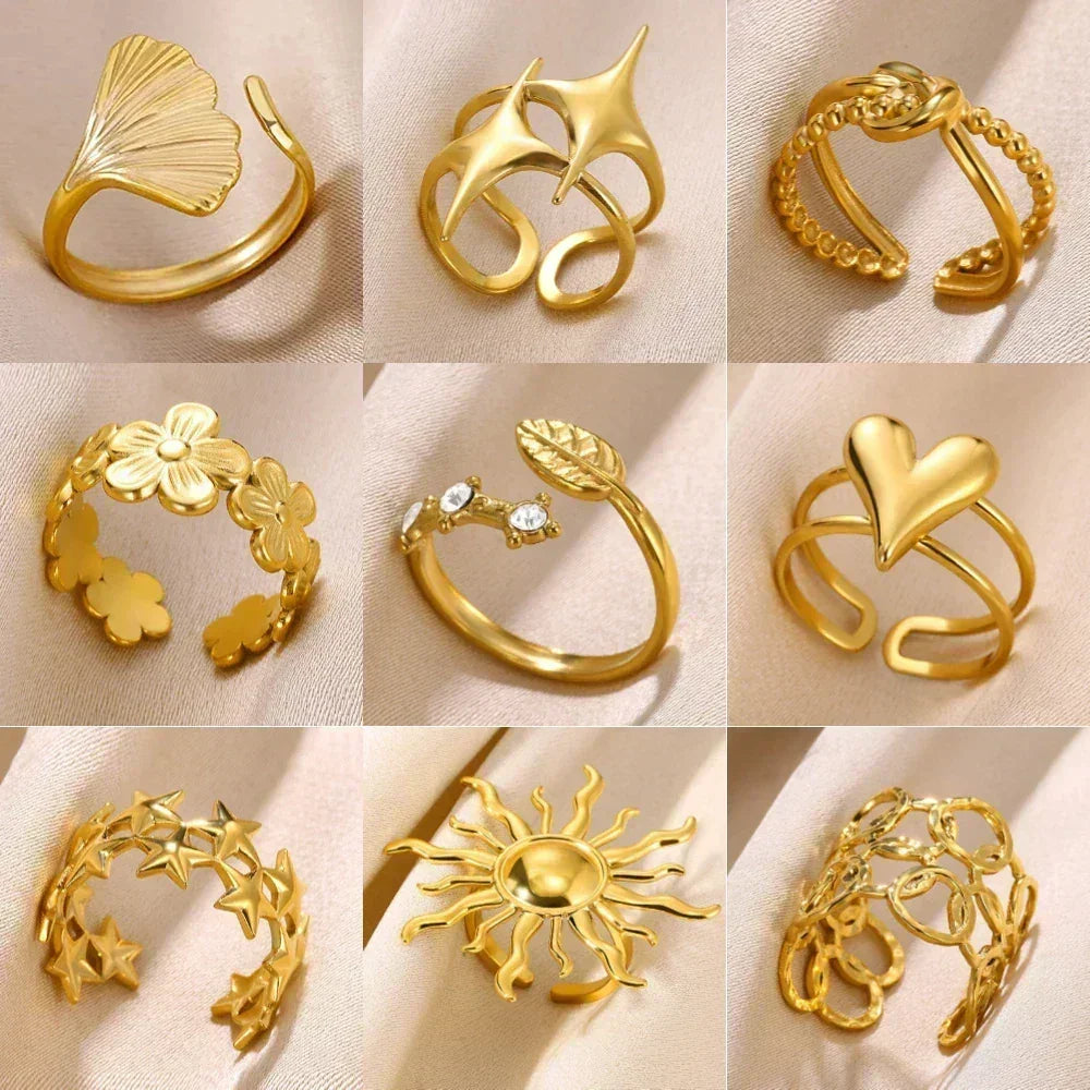 Stainless Steel Flower Open Ring Women Gold Geometric Hollow Jewelry
