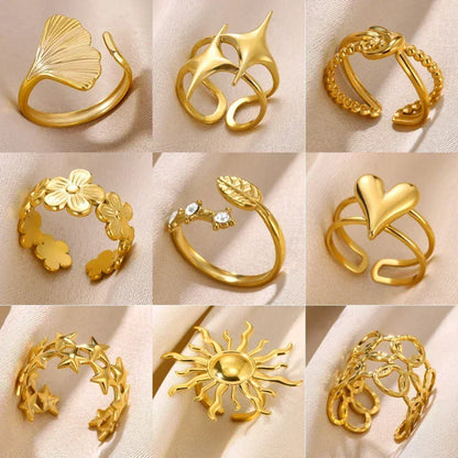 Stainless Steel Flower Open Ring Women Gold Geometric Hollow Jewelry