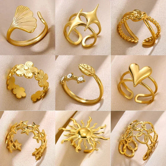 Stainless Steel Flower Open Ring Women Gold Geometric Hollow Jewelry