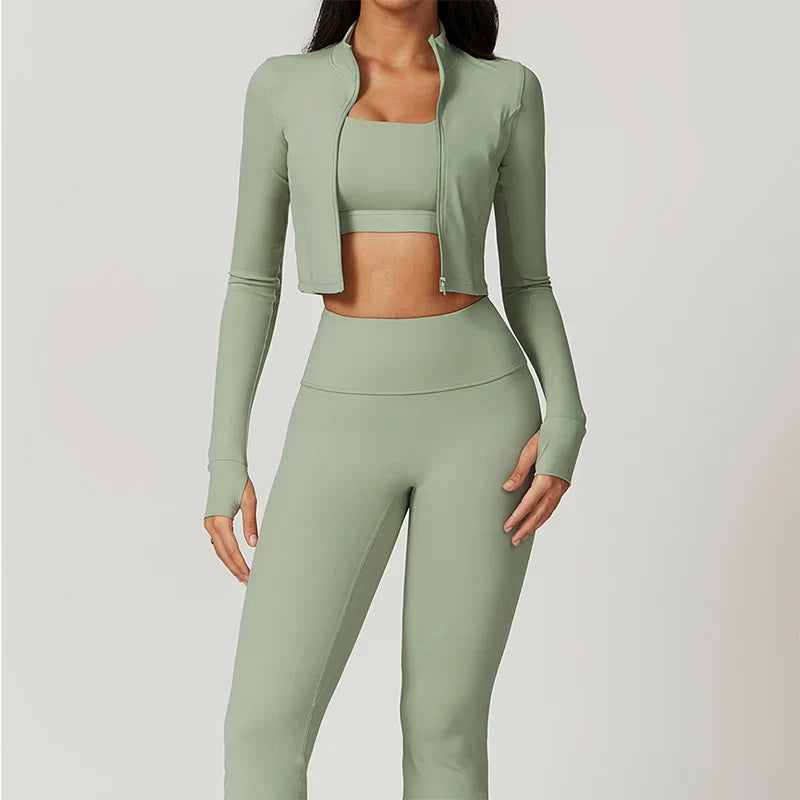 Women 3 Piece Workout Set Sports Bra Leggings Long Sleeve Activewear