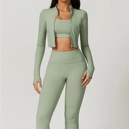 Women 3 Piece Workout Set Sports Bra Leggings Long Sleeve Activewear