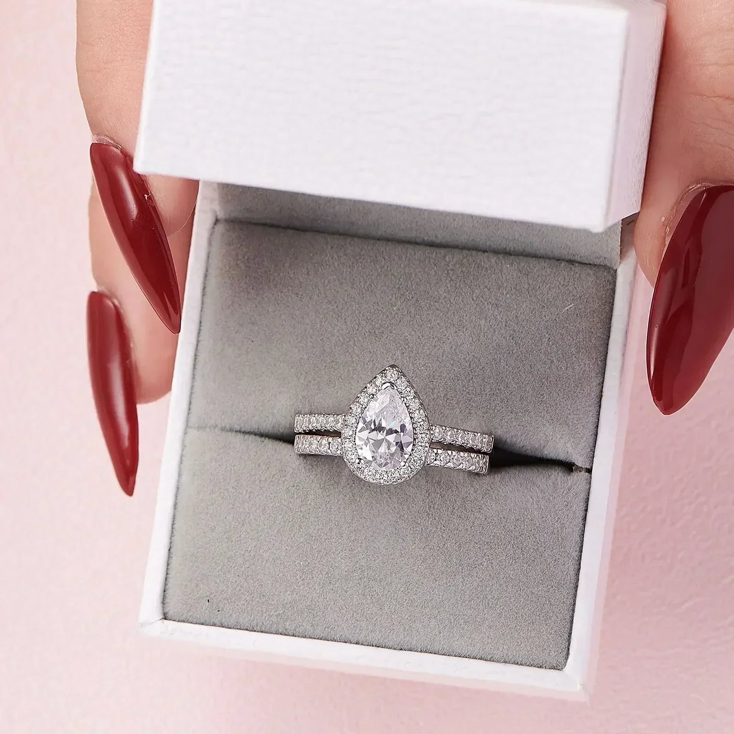 Teardrop Engagement Ring Set 925 Silver Wedding Bridal Jewelry