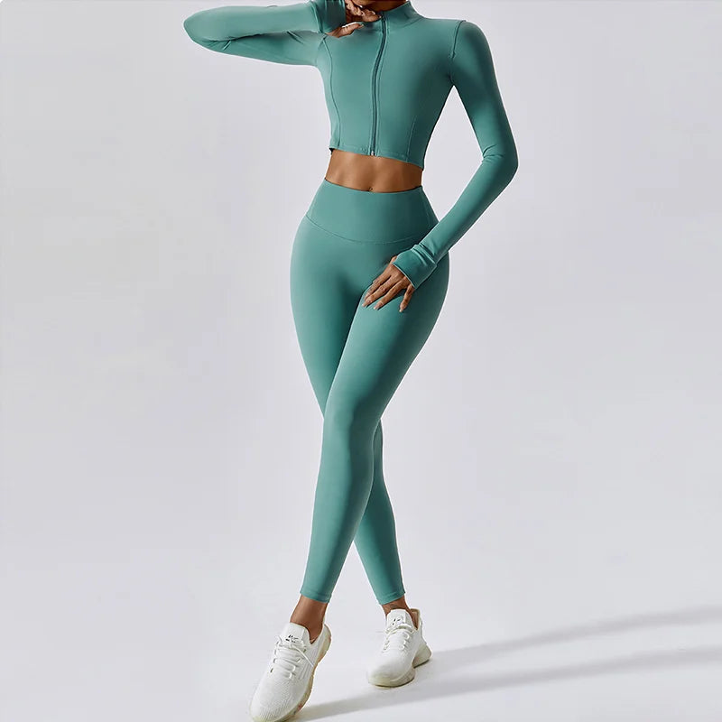 Women 3 Piece Workout Set Sports Bra Leggings Long Sleeve Activewear