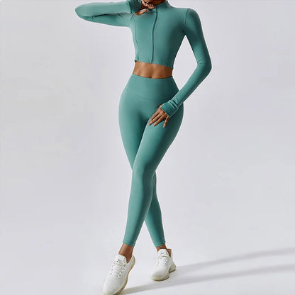 Women 3 Piece Workout Set Sports Bra Leggings Long Sleeve Activewear