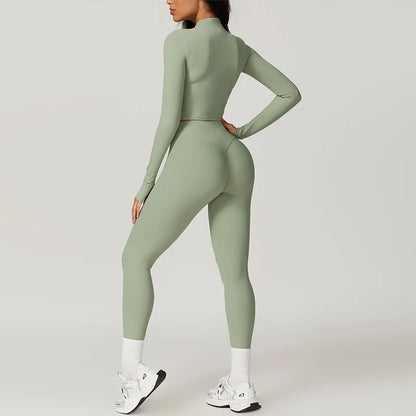 Women 3 Piece Workout Set Sports Bra Leggings Long Sleeve Activewear