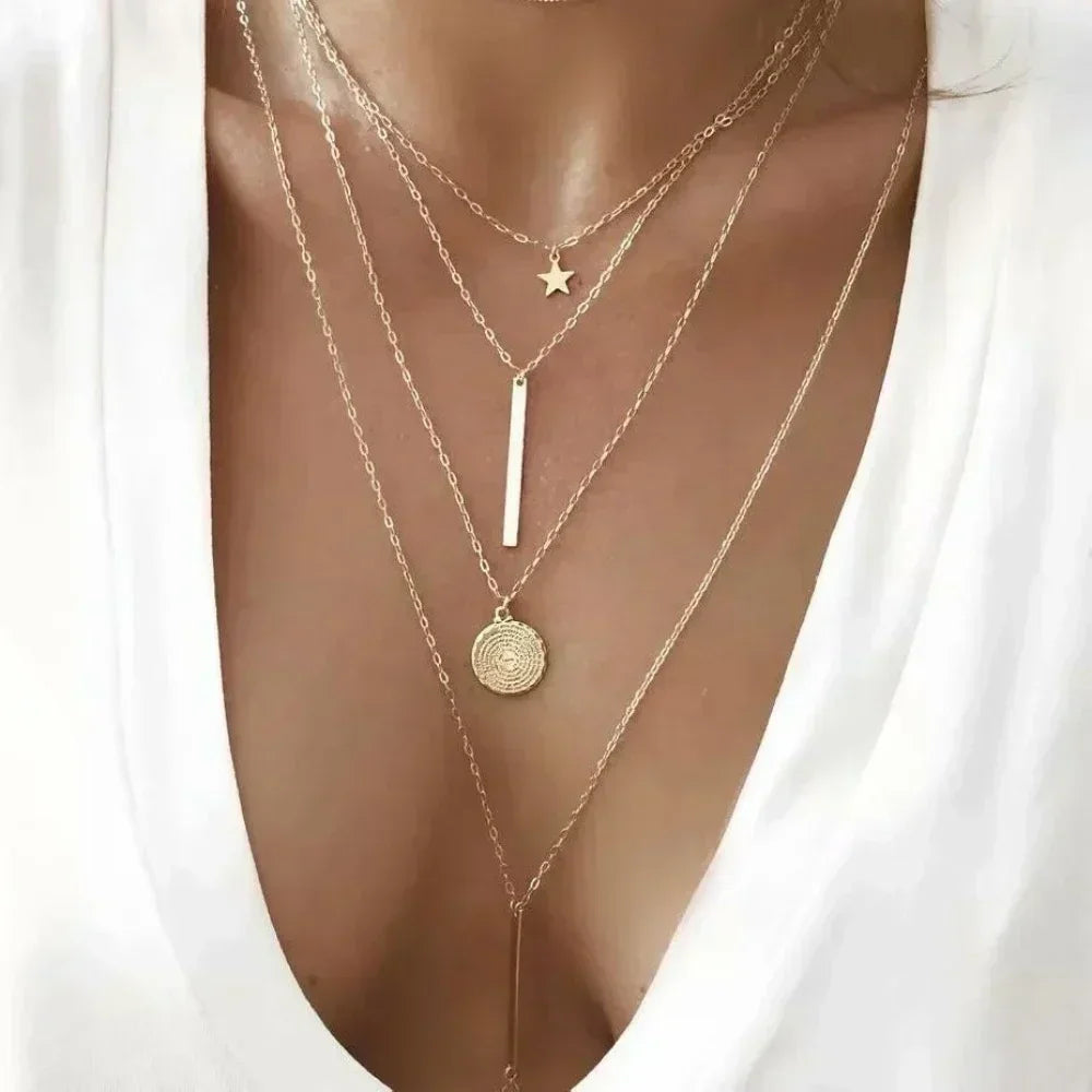 3PCS Gold Charm Necklace Set Star Pearl Cross Pendant Women Jewelry