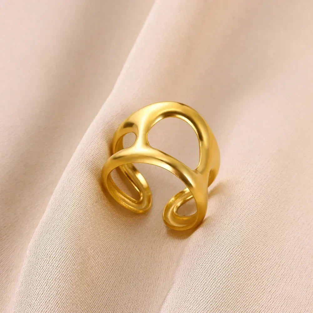 Stainless Steel Flower Open Ring Women Gold Geometric Hollow Jewelry