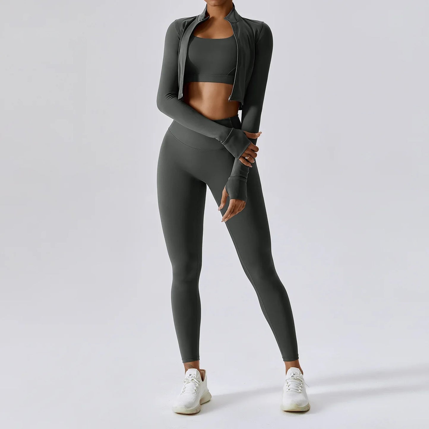 Women 3 Piece Workout Set Sports Bra Leggings Long Sleeve Activewear
