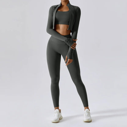 Women 3 Piece Workout Set Sports Bra Leggings Long Sleeve Activewear