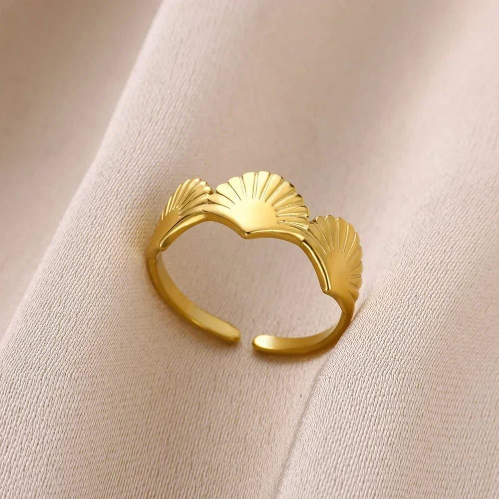 Stainless Steel Flower Open Ring Women Gold Geometric Hollow Jewelry