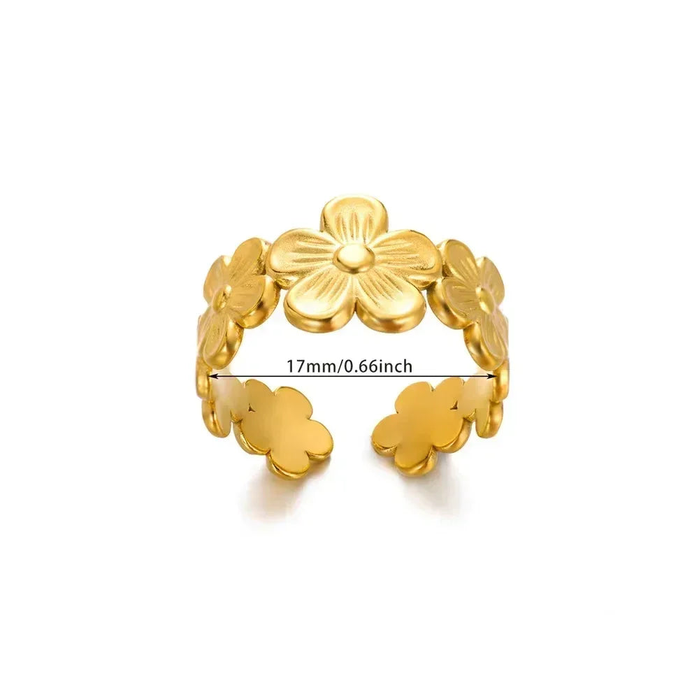 Stainless Steel Flower Open Ring Women Gold Geometric Hollow Jewelry