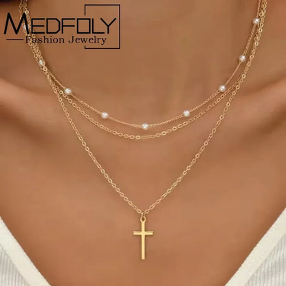 3PCS Gold Charm Necklace Set Star Pearl Cross Pendant Women Jewelry