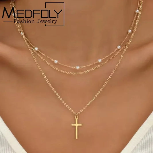 3PCS Gold Charm Necklace Set Star Pearl Cross Pendant Women Jewelry