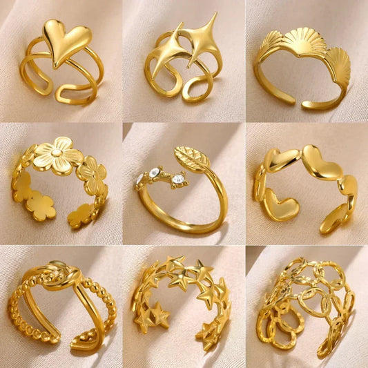 Stainless Steel Flower Open Ring Women Gold Geometric Hollow Jewelry