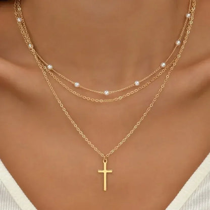 3PCS Gold Charm Necklace Set Star Pearl Cross Pendant Women Jewelry