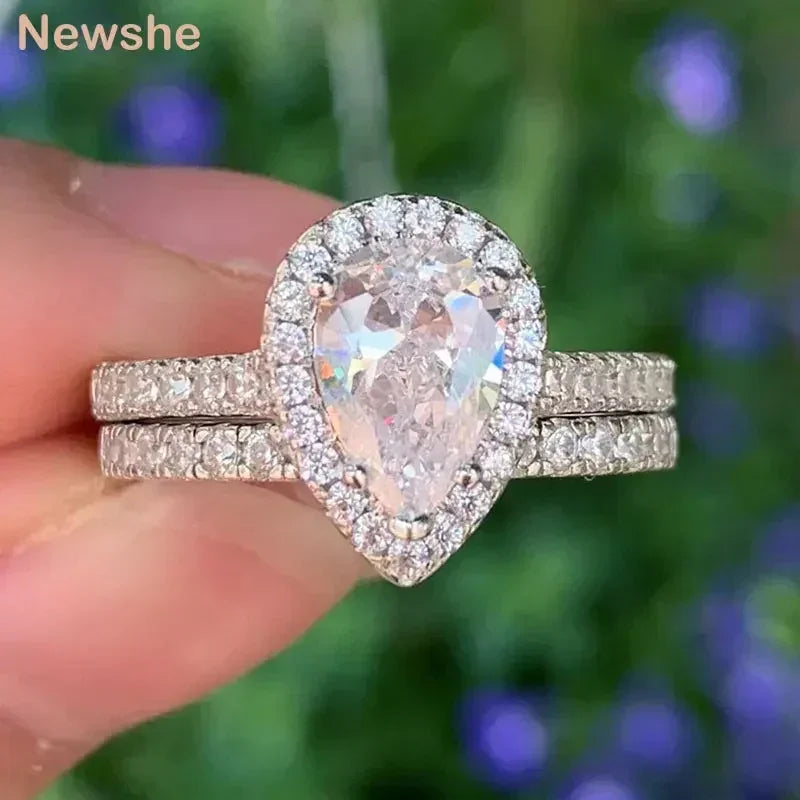 Teardrop Engagement Ring Set 925 Silver Wedding Bridal Jewelry