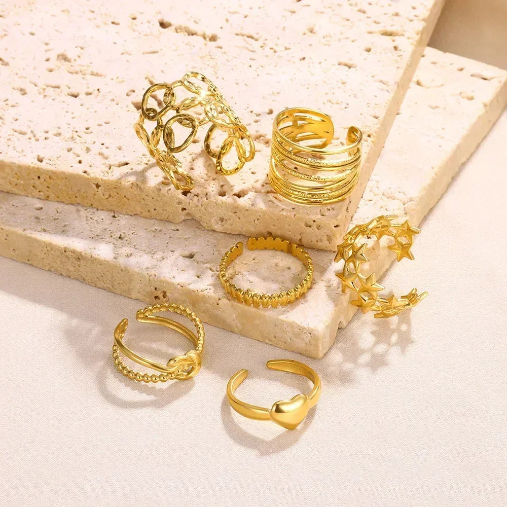 Stainless Steel Flower Open Ring Women Gold Geometric Hollow Jewelry
