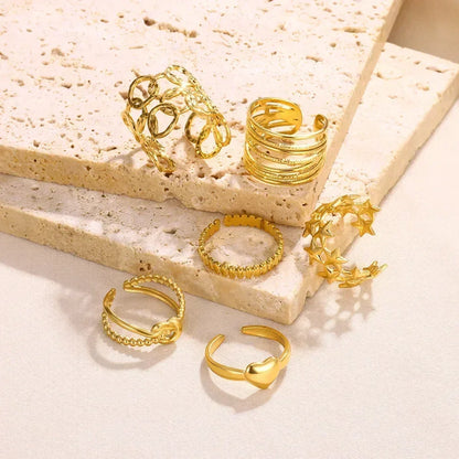 Stainless Steel Flower Open Ring Women Gold Geometric Hollow Jewelry