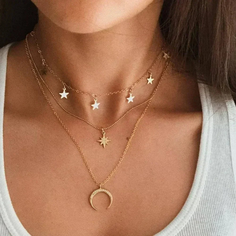 3PCS Gold Charm Necklace Set Star Pearl Cross Pendant Women Jewelry