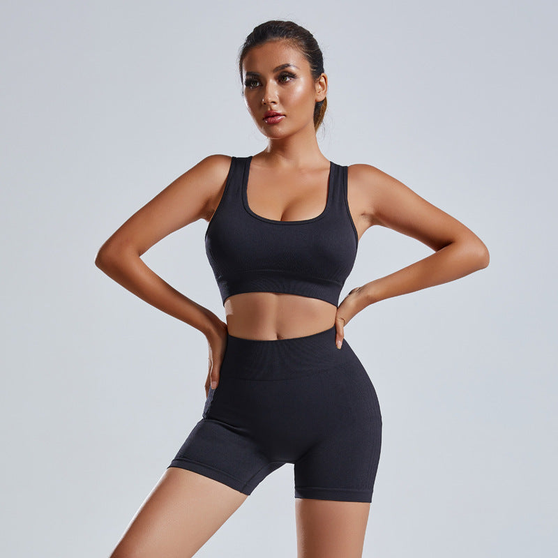 Women 2pcs Yoga Set Vest Shorts Seamless High Waist Sportswear