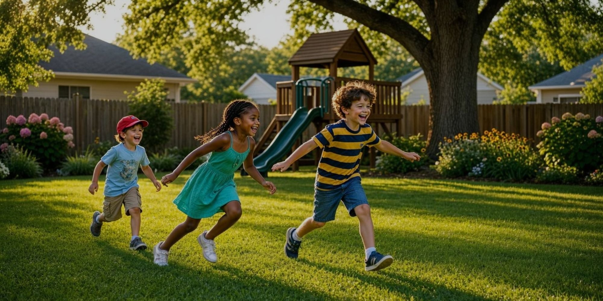 Three children running in a backyard with a playground in the background