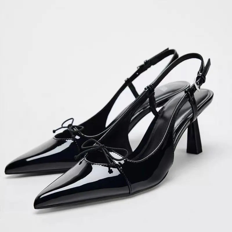 Women Black Patent Bow Pointed Toe Thin Heel Sandals Elegant Shoes