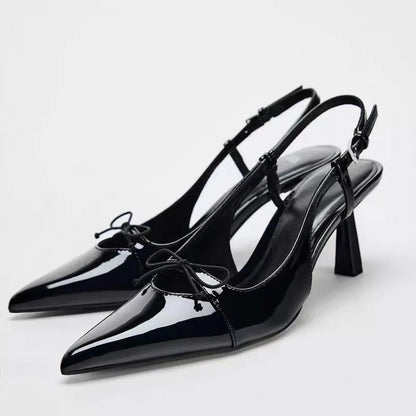 Women Black Patent Bow Pointed Toe Thin Heel Sandals Elegant Shoes