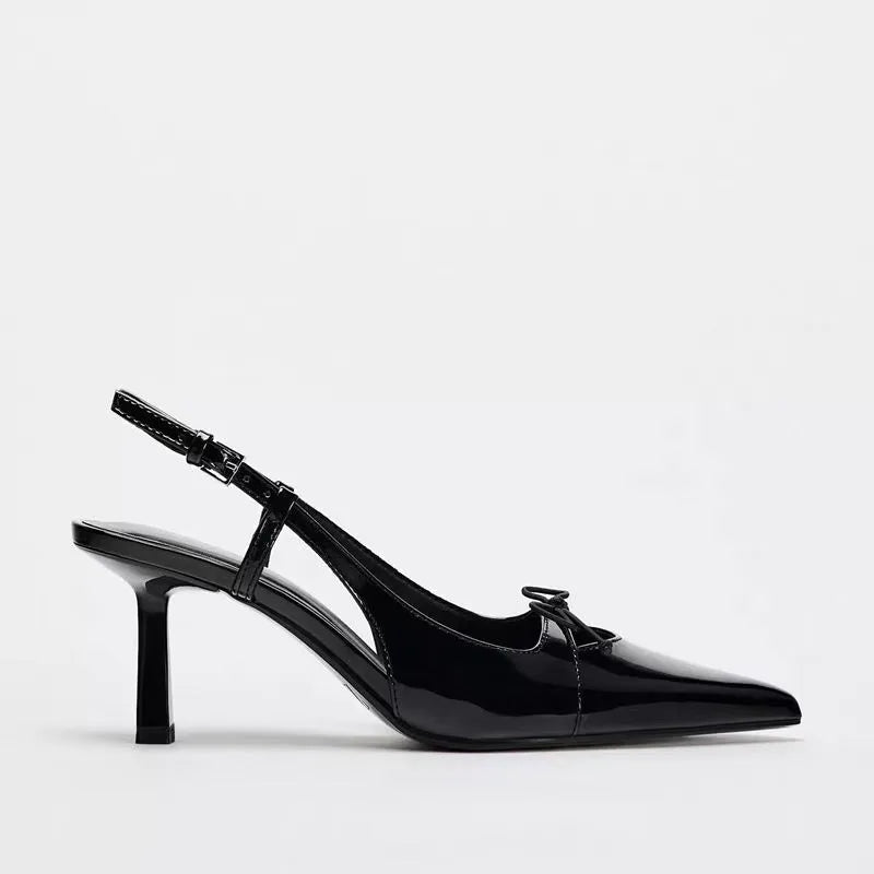 Women Black Patent Bow Pointed Toe Thin Heel Sandals Elegant Shoes