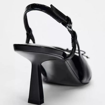 Women Black Patent Bow Pointed Toe Thin Heel Sandals Elegant Shoes