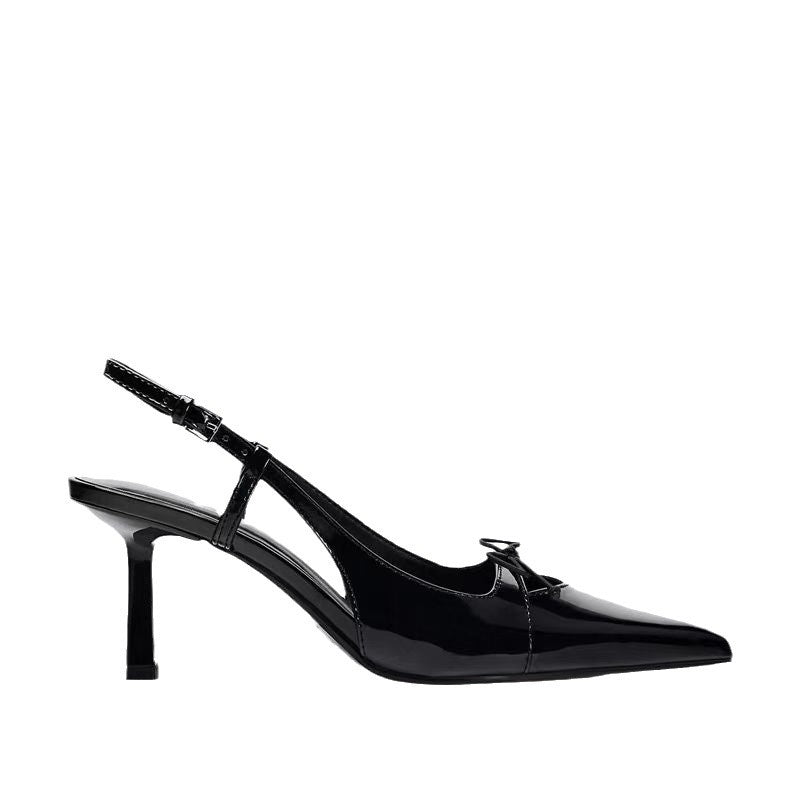 Women Black Patent Bow Pointed Toe Thin Heel Sandals Elegant Shoes