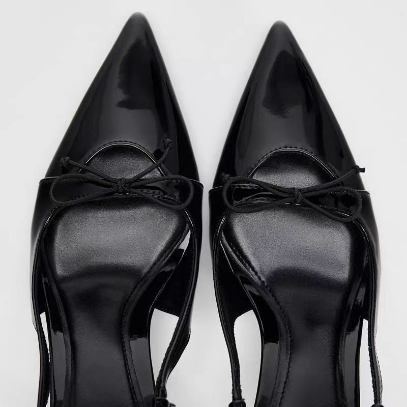 Women Black Patent Bow Pointed Toe Thin Heel Sandals Elegant Shoes