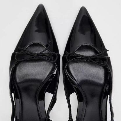 Women Black Patent Bow Pointed Toe Thin Heel Sandals Elegant Shoes