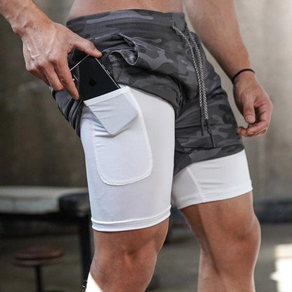 Men’s Camo 2-in-1 Running Shorts Quick Dry Gym Workout Shorts
