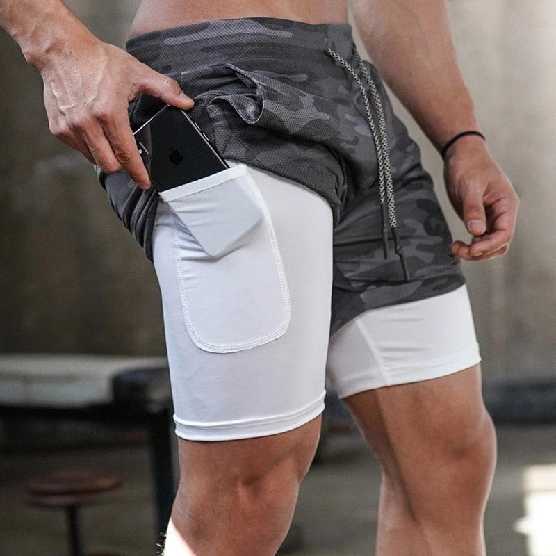 Men’s Camo 2-in-1 Running Shorts Quick Dry Gym Workout Shorts