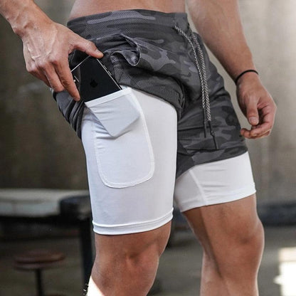 Men’s Camo 2-in-1 Running Shorts Quick Dry Gym Workout Shorts