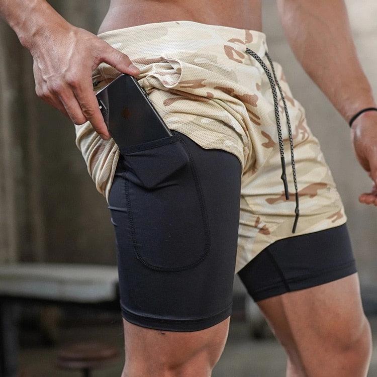 Men’s Camo 2-in-1 Running Shorts Quick Dry Gym Workout Shorts