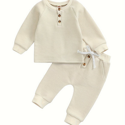 Toddler Thicken Waffle Clothes Set Boy Girls Buttons Round